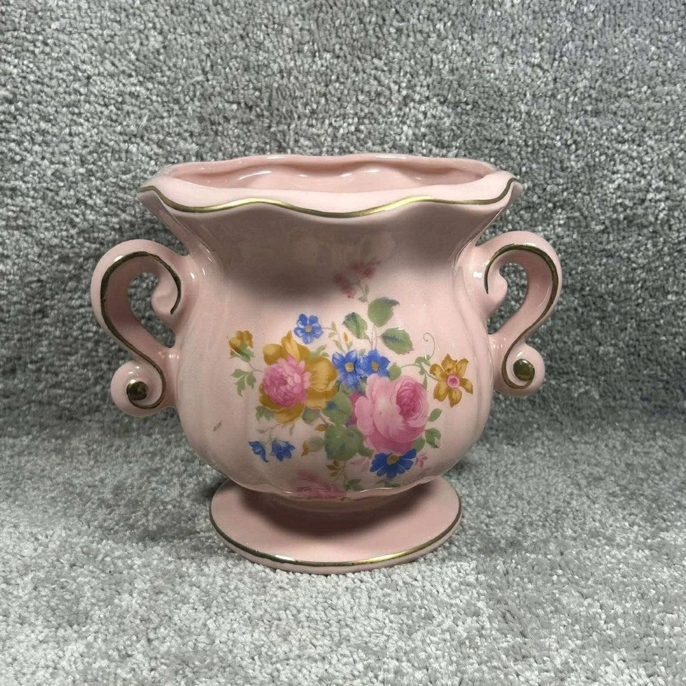 Fornart USA Planter Vase Pink Floral Gold Trim Scroll Handles 107-D Vintage
